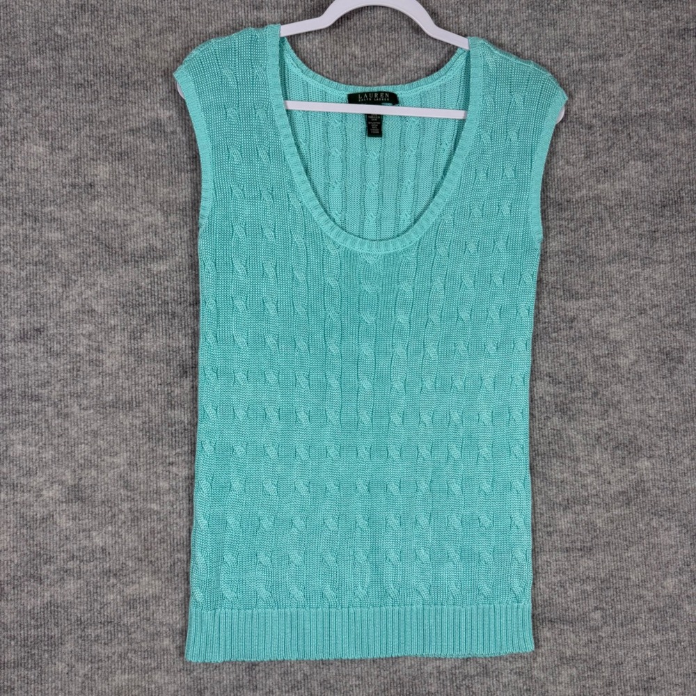 Lauren Ralph Lauren Size-M Top Sweater Vest Aqua Turquoise Cable Knit Scoop Neck